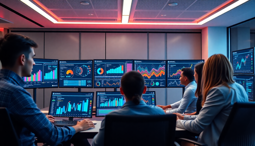 Marketing team utilizing an AI data visualization tool for marketing analytics automation, featuring automated dashboard creation, cross-channel performance tracking, and campaign performance insights on multiple screens.