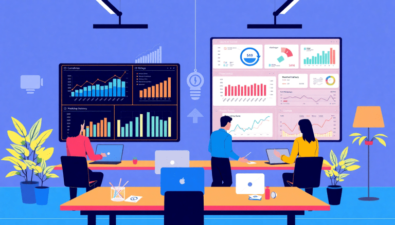 Two professionals using laptops to analyze data on large screens, comparing NinjaCat alternatives for automated marketing reports and cross-channel analytics in an agency setting.