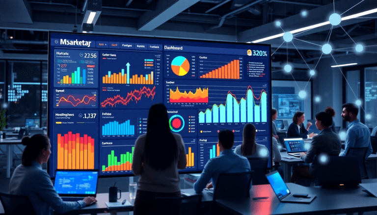Automated KPI reporting dashboard in an office setting showcasing marketing analytics automation, AI reporting assistant, and cross-channel performance tracking on a large screen, with professionals analyzing marketing data and campaign performance insights.