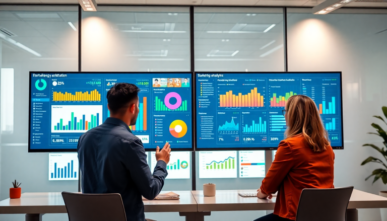 Marketing dashboard showcasing automated performance reports, client dashboard insights, and cross-channel analytics in a modern office setting.