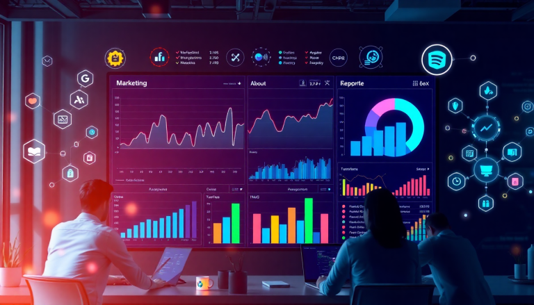 AI-powered marketing dashboard displaying multi-channel data aggregation, real-time analytics, and automated reporting workflows for campaign performance and report scheduling automation.