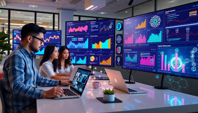 AI data visualization tool for marketing teams displaying automated dashboard creation, cross-channel performance tracking, and marketing analytics automation on multiple screens in an office setting.