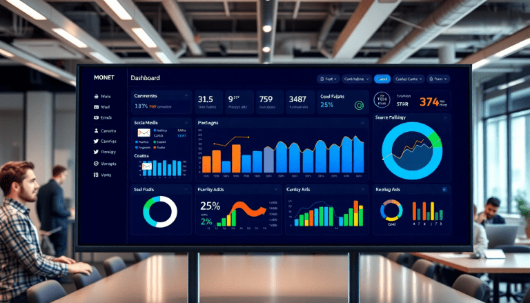 Multi-channel analytics dashboard displaying cross-channel marketing analytics, performance tracking dashboard, marketing data aggregation, and campaign performance visualization in a workspace setting.