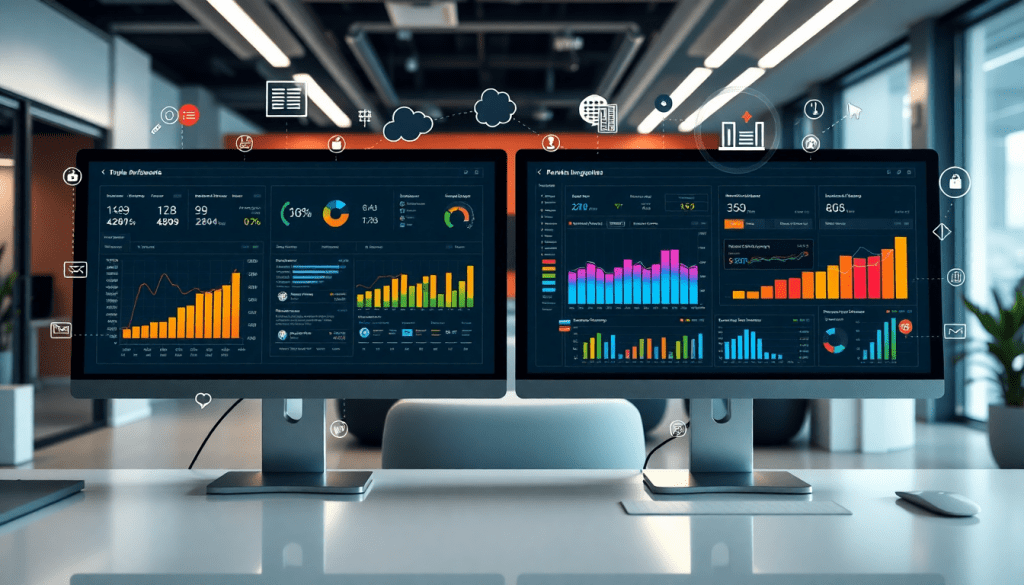 Two computer monitors displaying a marketing analytics dashboard with automated performance reports and colorful graphs, showcasing agency reporting automation and digital marketing data visualization for performance marketing KPIs.