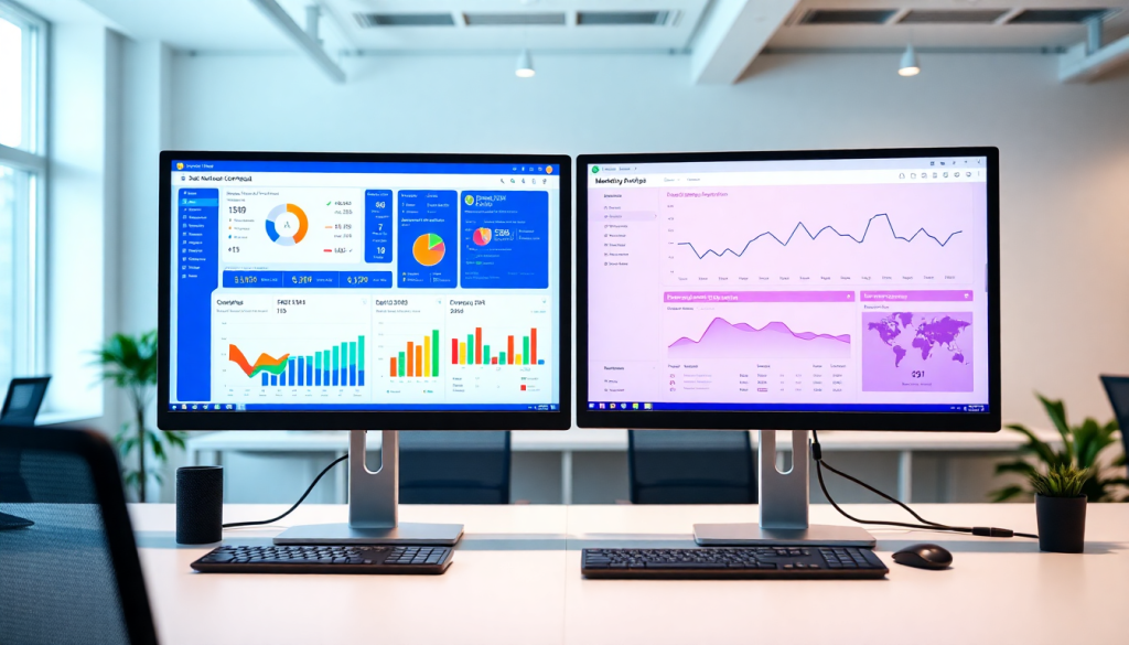 Marketing dashboard automation showcasing dual monitors with marketing analytics dashboard and automated performance reports for agency reporting automation.