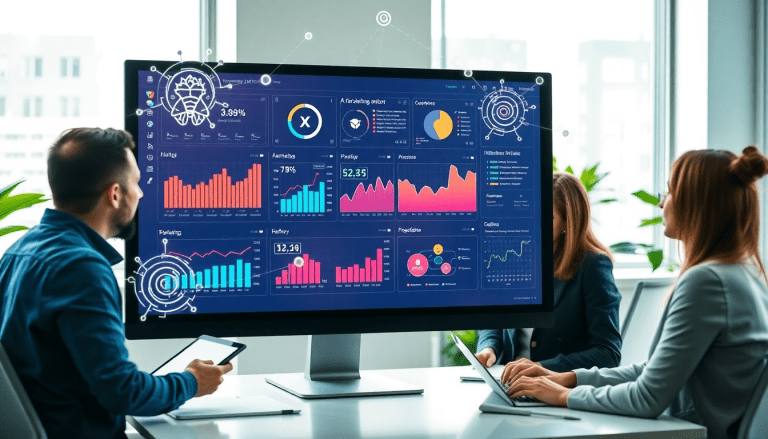 "AI-powered marketing dashboard showcasing automated reporting workflows, real-time analytics, and multi-channel data aggregation in a corporate office environment."