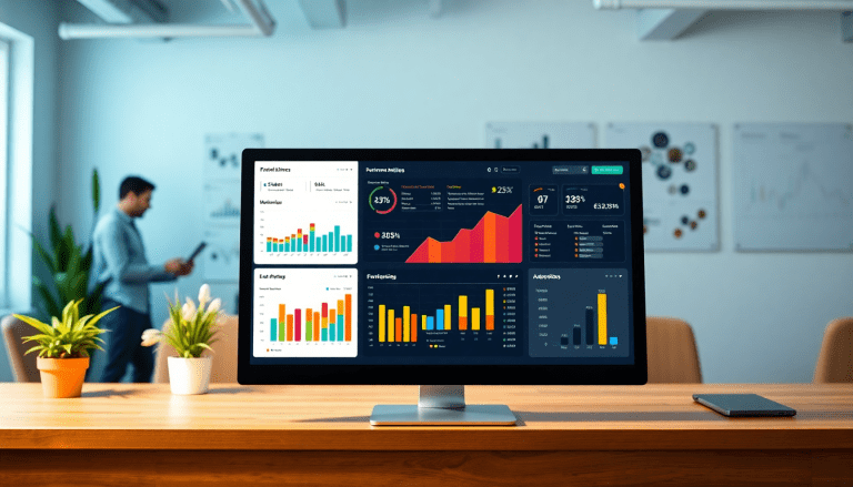 Performance marketing reporting software displaying automated campaign reporting, ad spend optimization dashboard, ROAS tracking platform, and cross-channel campaign tracking insights on a computer screen in a modern office setting.