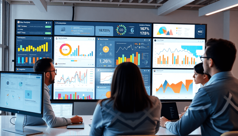 Marketing team using AI data visualization tool for automated dashboard creation and cross-channel performance tracking in a meeting room, featuring graphs and charts on screens for marketing analytics automation and ROI tracking.