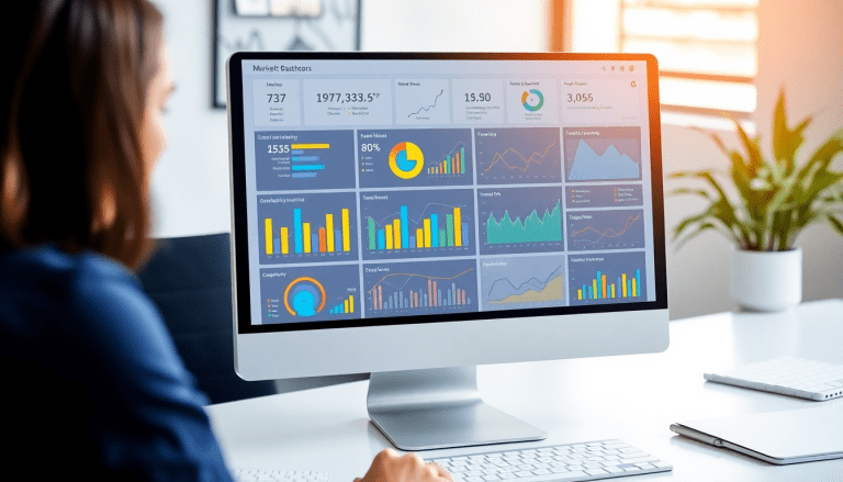 Digital marketing KPI dashboard displaying marketing metrics visualization, performance tracking dashboard, and campaign KPI monitoring for automated reports and ROI tracking across channels.