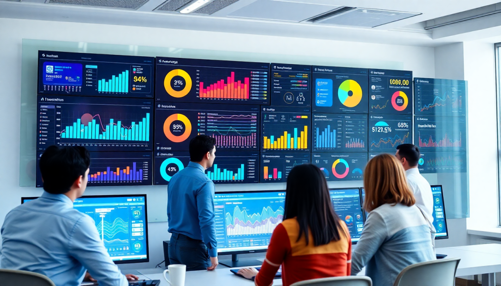 Team analyzing an automated KPI reporting dashboard featuring real-time performance analytics, AI analytics reporting, and digital campaign KPI tracking on large screen monitors.