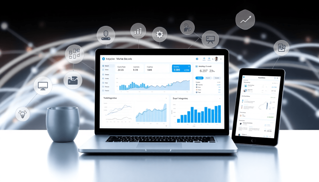 Performance marketing reporting software displaying automated campaign reporting, performance analytics tool, ad spend optimization dashboard, and ROAS tracking platform on laptop and tablet screens.