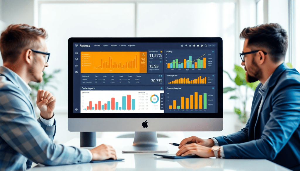 Two professionals using a white-label marketing dashboard for agencies on a computer, featuring customizable client dashboards, automated data visualization, and cross-channel agency reporting.