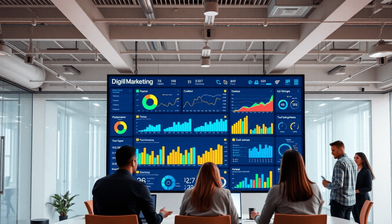 "Marketing team analyzing a digital marketing analytics dashboard for automated performance reports and agency reporting automation, showcasing client dashboard insights and cross-channel analytics, ideal as a Funnel.io alternative and Tapclicks reporting platform comparison for reporting automation in agencies, featuring digital marketing data visualization and performance marketing KPIs."