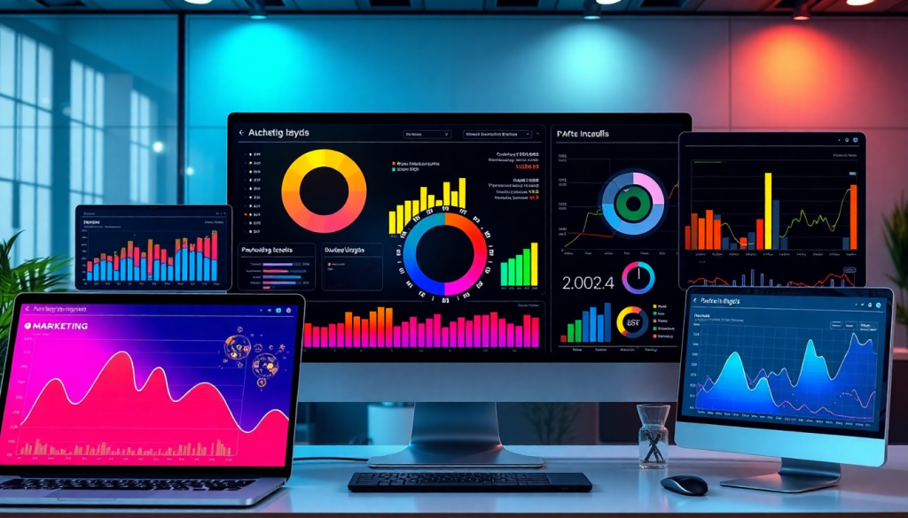 TapClicks marketing dashboard showcasing AI-powered dashboard creation, marketing automation software, and real-time marketing analytics on multiple screens for cross-platform dashboard building and multi-channel data aggregation.