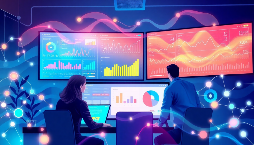 AI data visualization tool for marketing teams with automated dashboard creation and cross-channel performance tracking, featuring vibrant graphs and charts displaying marketing analytics automation, client analytics automation, ROI tracking dashboard, and campaign performance insights on a digital interface.