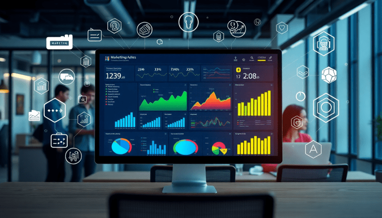AI-powered marketing dashboard automation displaying real-time analytics, campaign performance, and multi-channel data aggregation in an office setting.