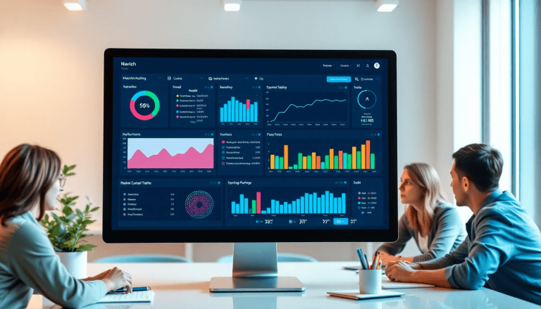 Digital marketing KPI dashboard displaying marketing metrics visualization, performance tracking, and cross-channel analytics, used by a team for interactive performance metrics analysis.