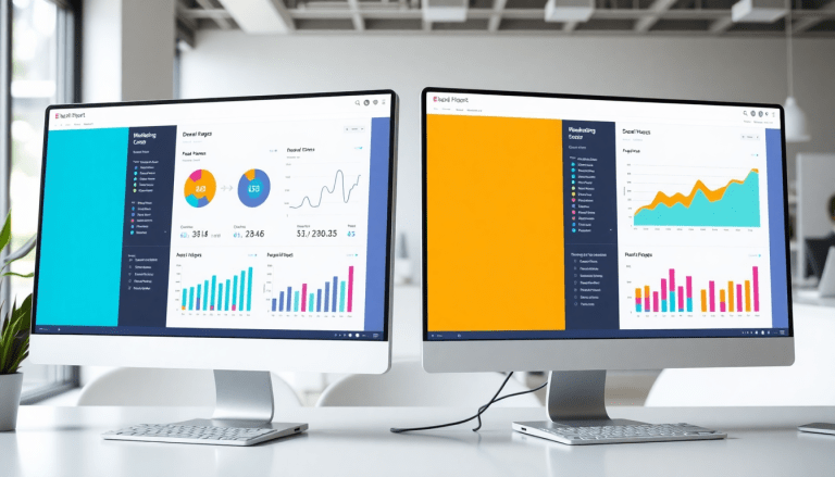Marketing dashboard automation on dual monitors showing marketing analytics, client dashboard insights, and cross-channel analytics with TapClicks and Funnel.io comparison for agency reporting automation and digital marketing data visualization of performance marketing KPIs.