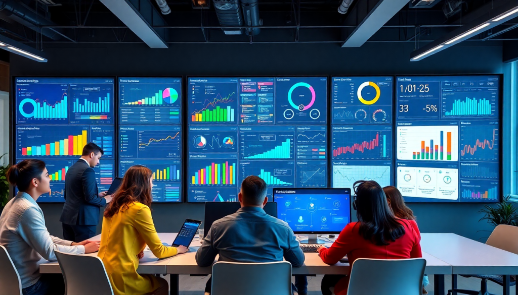 Marketing team using an AI data visualization tool to analyze real-time marketing metrics on a digital performance dashboard featuring AI-powered dashboards, cross-channel visualization, and campaign performance insights.