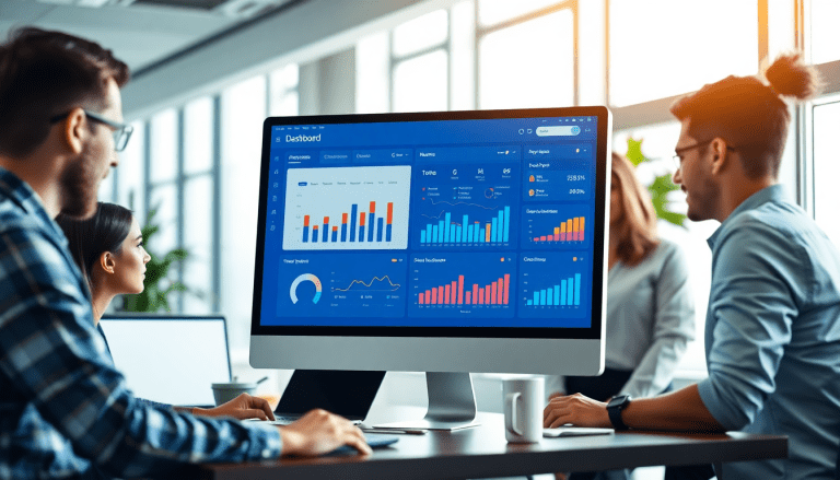 White-label marketing dashboard for agencies showcasing customizable client dashboards and automated data visualization on a computer screen in a modern office environment.