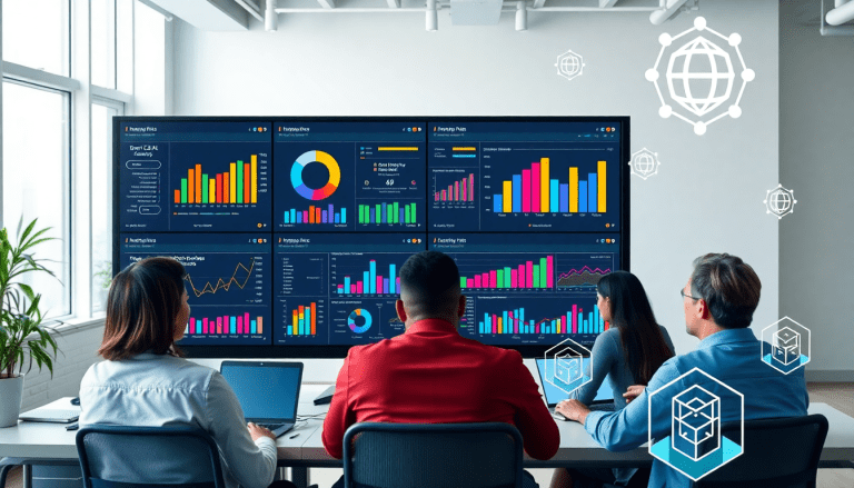 Marketing team using an AI data visualization tool for advanced analytics and automated dashboard creation, focusing on cross-channel performance tracking and ROI insights.