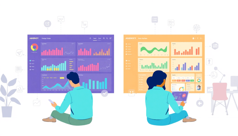 Two individuals using a marketing analytics dashboard for reporting automation, showcasing digital marketing data visualization and performance marketing KPIs in a cross-channel analytics platform.
