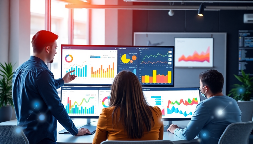 Team using AI data visualization tool for marketing analytics automation, featuring AI reporting assistant, automated dashboard creation, cross-channel performance tracking, and ROI tracking dashboard.