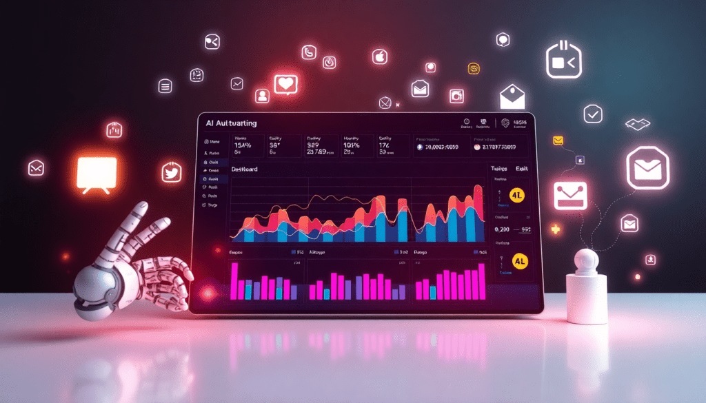 AI-powered marketing dashboard showcasing automated reporting workflows, real-time analytics, multi-channel data aggregation, and report scheduling tools with vibrant icons and a robotic hand, enhancing campaign performance insights.