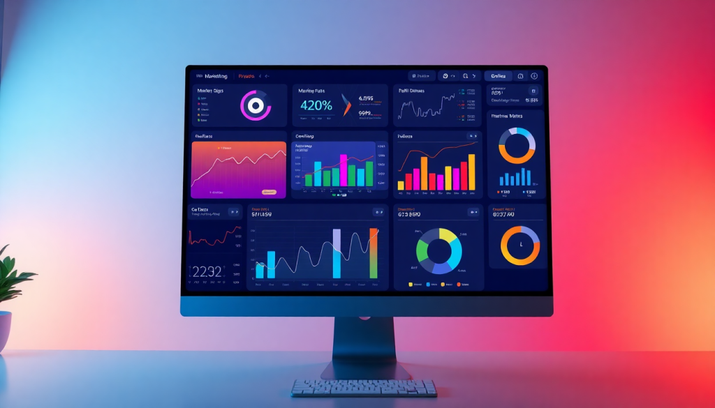Multi-channel analytics dashboard displaying cross-channel marketing analytics, performance tracking graphs, and marketing data aggregation for unified reporting and campaign performance visualization.