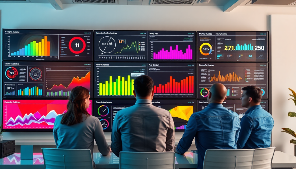 Marketing team analyzing data using AI data visualization tool featuring automated marketing analytics, AI-powered dashboards, and interactive data reports for real-time marketing metrics and campaign performance insights.