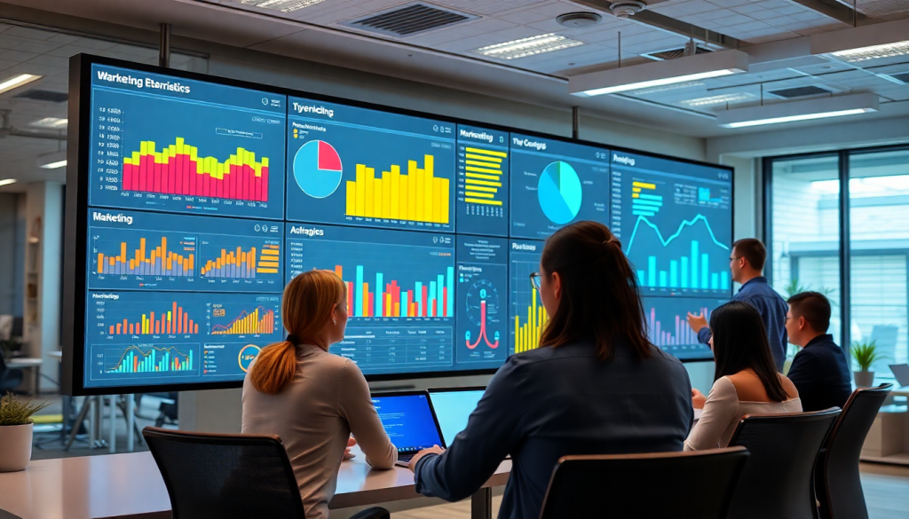 Marketing team using an AI data visualization tool to analyze automated marketing analytics, explore AI-powered dashboards, and generate campaign performance insights in a modern office setting.
