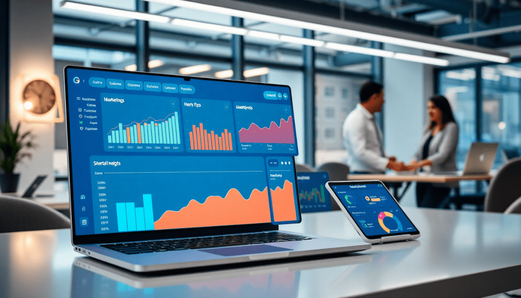 Automated KPI reporting dashboard displaying real-time performance analytics, automated marketing metrics, and cross-channel performance insights on multiple devices in a modern office setting.