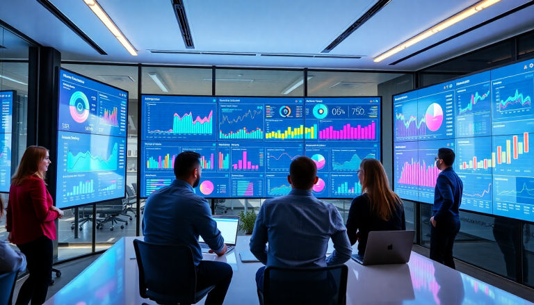 Modern office meeting with professionals discussing marketing dashboard automation and cross-channel analytics on large screens.