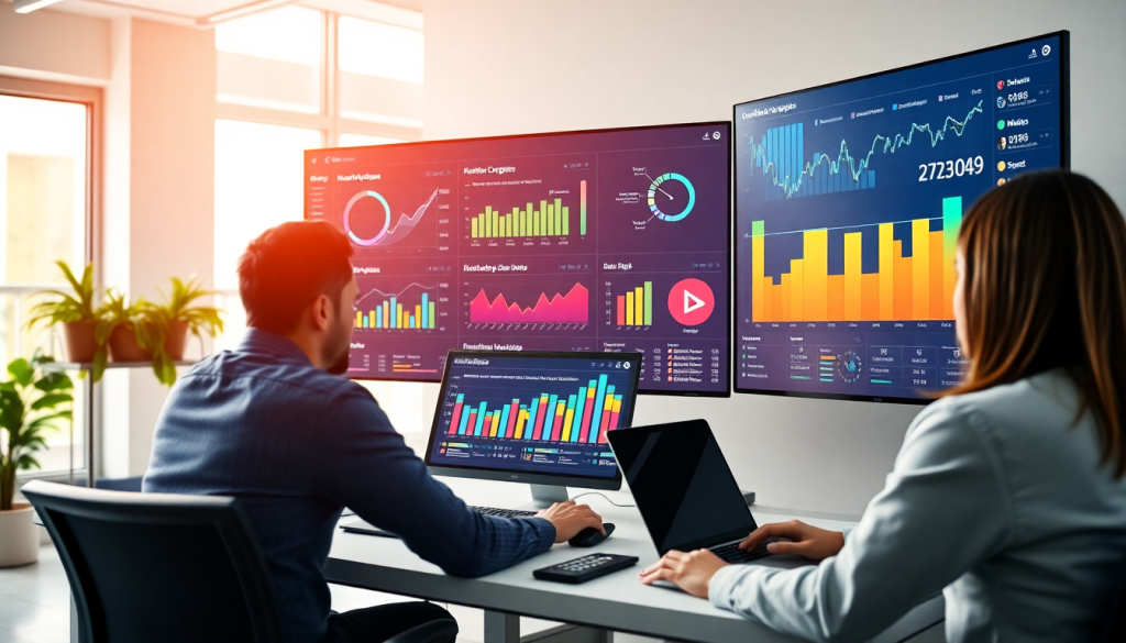 Two professionals analyzing digital advertising insights on a performance marketing reporting software with automated campaign reporting, performance analytics tools, ad spend optimization dashboard, and ROAS tracking platform.