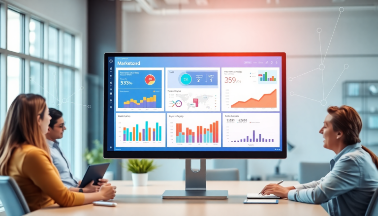 AI data visualization tool for marketing teams displayed on a large screen in a conference room, showcasing marketing analytics automation, AI reporting assistant, automated dashboard creation, cross-channel performance tracking, and marketing intelligence automation features.