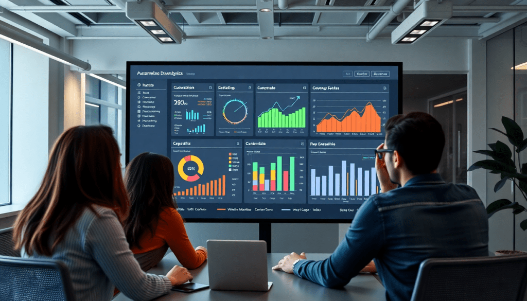 White-label marketing dashboard for agencies displaying analytics and performance tracking, customizable client dashboards, and branded reports in a meeting setting.