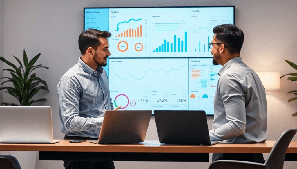 Two professionals discussing a marketing analytics dashboard with cross-channel analytics and automated performance reports displayed on a screen, emphasizing client dashboard insights for agency reporting automation.