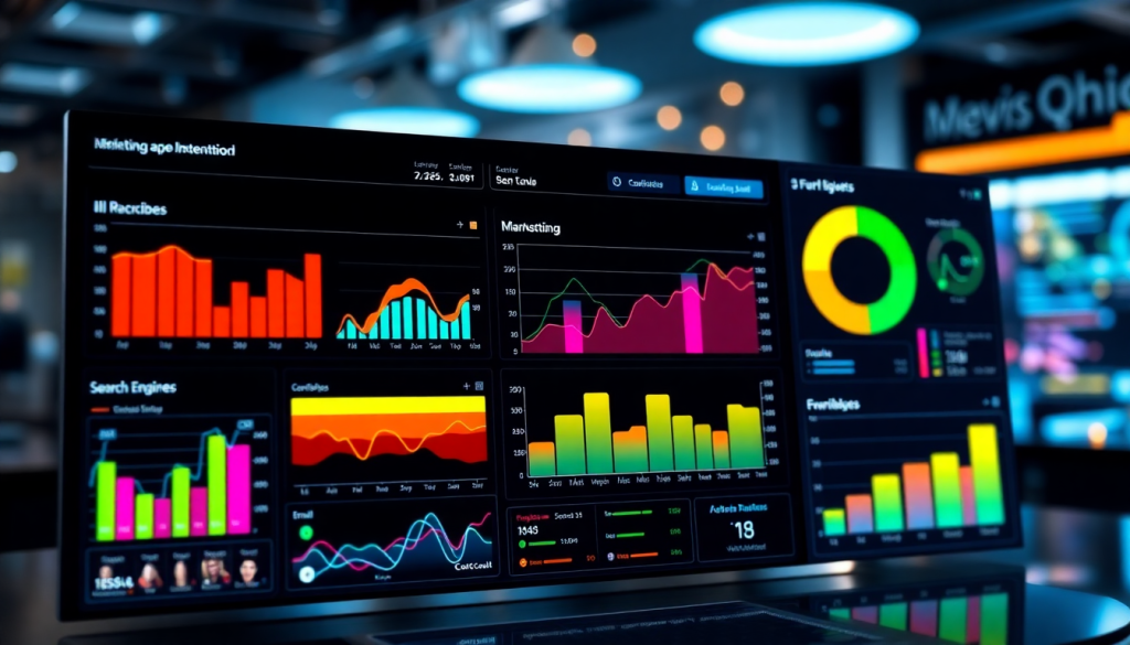 Multi-channel analytics dashboard displaying cross-channel marketing analytics, performance tracking, marketing data aggregation, campaign performance visualization, and integrated marketing metrics for omnichannel insights.