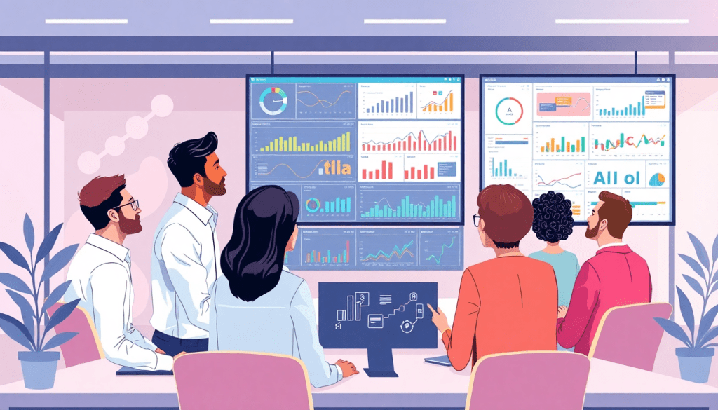 Marketing team using AI data visualization tool for cross-channel insights; featuring AI-powered dashboards, real-time marketing metrics, and interactive data storytelling for campaign performance analysis.