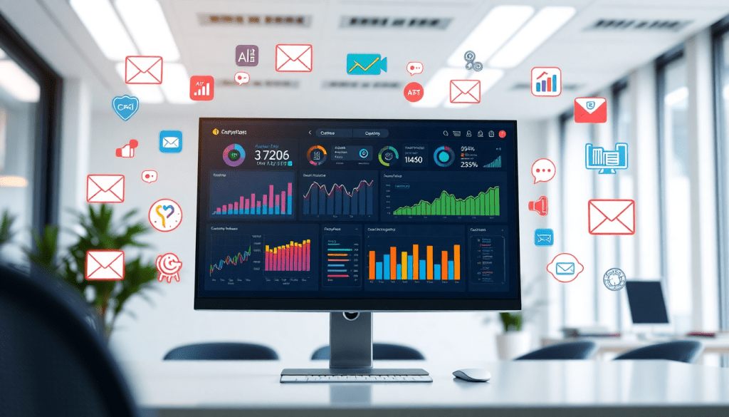 AI data visualization tool for marketing teams showcasing marketing analytics automation, AI reporting assistant, automated dashboard creation, and cross-channel performance tracking in a modern office setting.