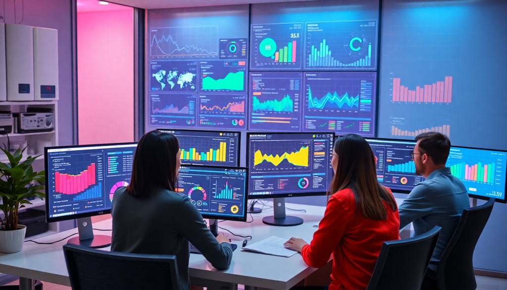 Marketing team using AI data visualization tool with AI-powered dashboards to analyze real-time marketing metrics and campaign performance insights on digital performance dashboards.