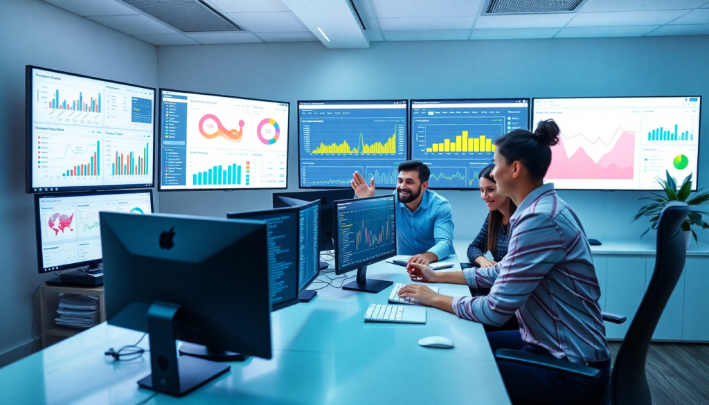 Collaborative team using reporting software for agencies with multiple screen displays for cross-channel reporting and campaign performance tracking, highlighting best NinjaCat competitors and agency reporting automation features.