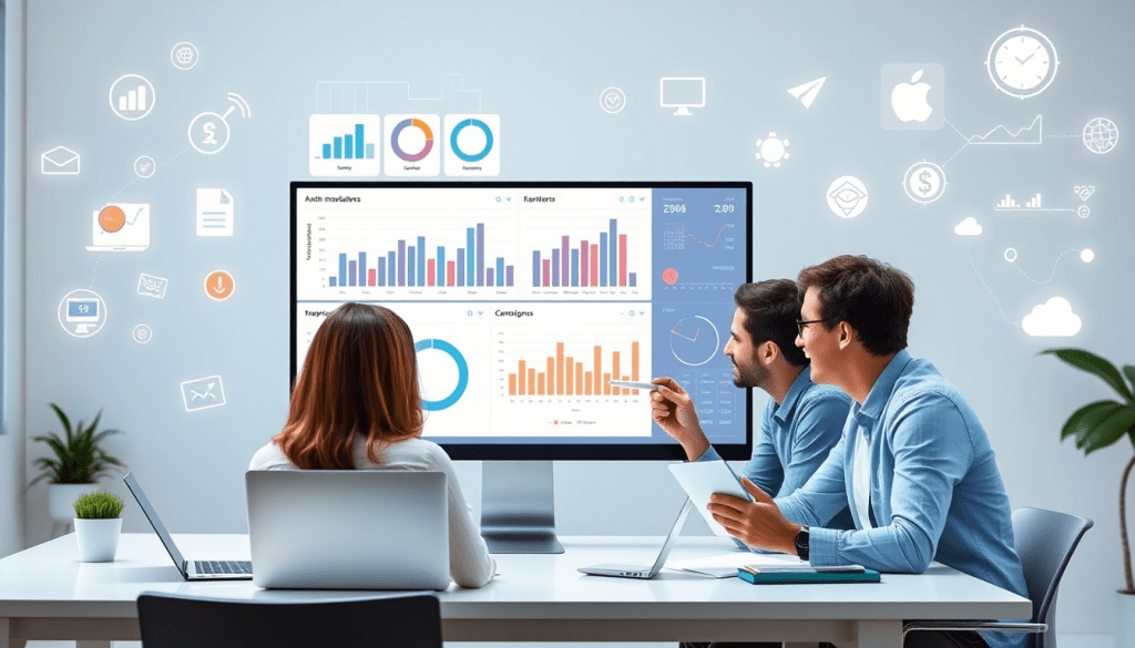 "Performance marketing reporting software interface showing automated campaign reporting, ad spend optimization dashboard, and ROAS tracking platform used by three professionals."