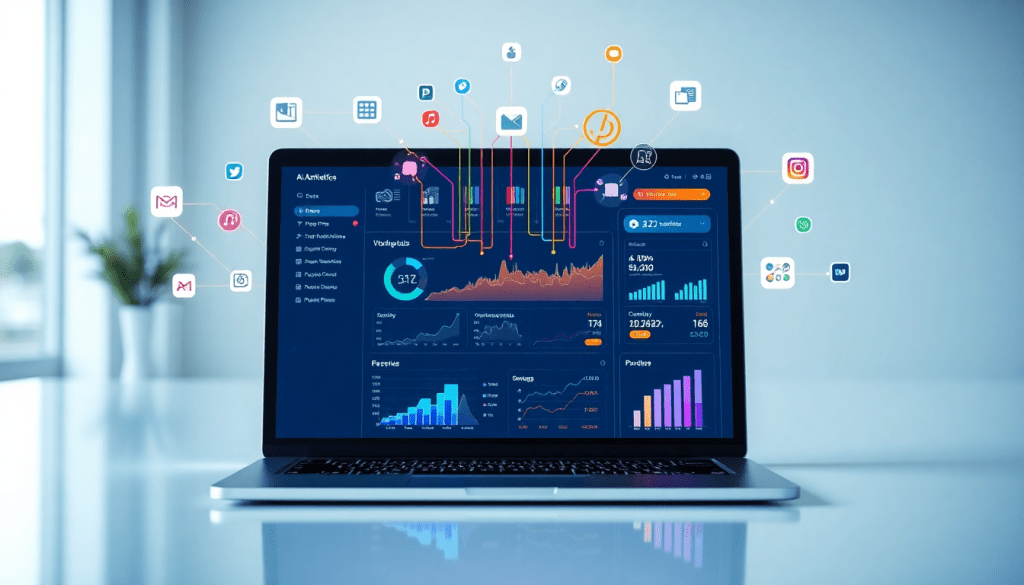 AI-powered TapClicks marketing dashboard showcasing automated reporting workflows, real-time marketing analytics, and multi-channel data aggregation on a laptop.