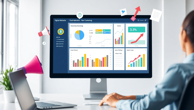 Digital marketing KPI dashboard displaying marketing metrics visualization, performance tracking dashboard, and campaign KPI monitoring with automated KPI reports and cross-channel analytics.
