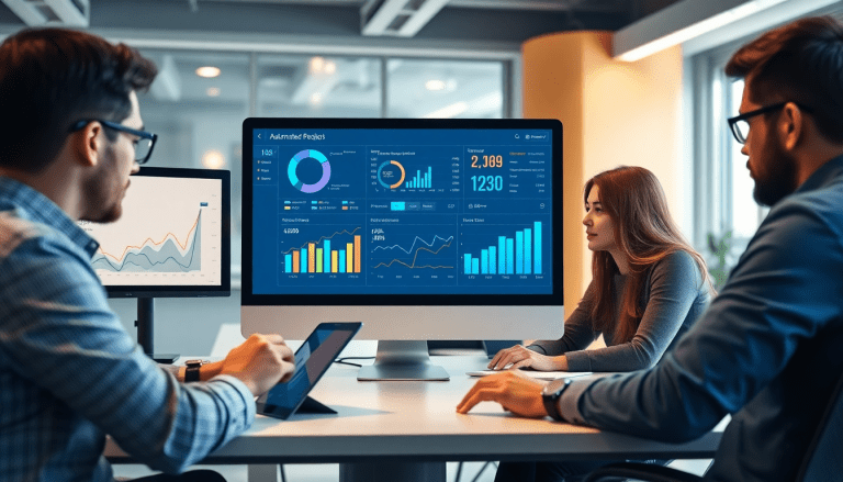 Team analyzing performance marketing reporting software on computer screens displaying automated campaign reporting, performance analytics tool, and ad spend optimization dashboard.