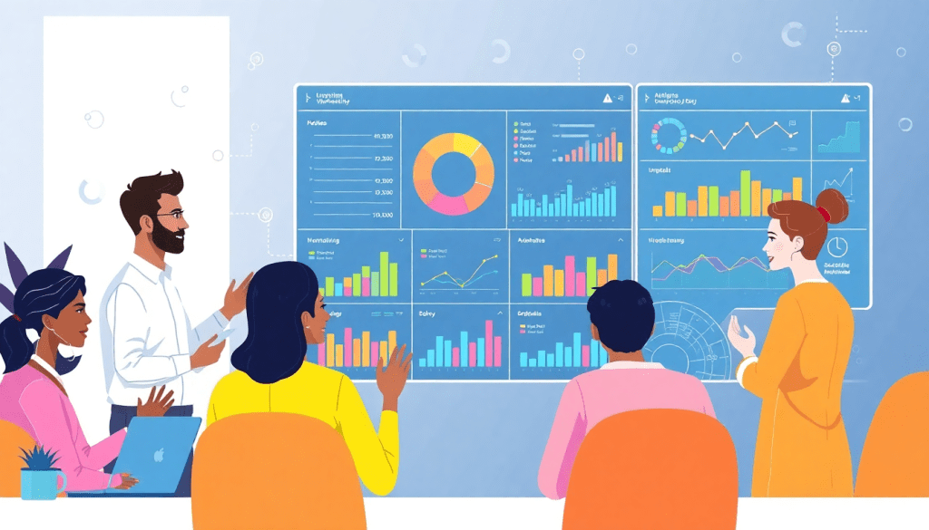 Marketing team using an AI data visualization tool with automated dashboards, cross-channel performance tracking, and campaign performance insights for enhanced marketing intelligence and ROI tracking.