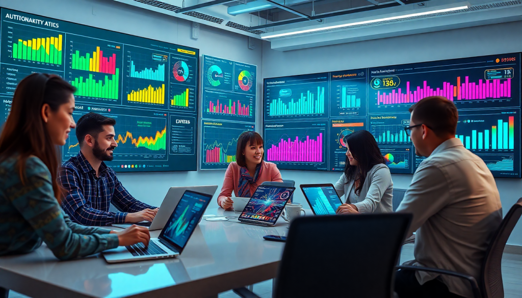 Marketing team utilizing AI data visualization tool for marketing analytics automation, showcasing AI reporting assistant, automated dashboard creation, cross-channel performance tracking, client analytics automation, and ROI tracking dashboard on TapClicks AI platform for campaign performance insights and marketing intelligence automation.