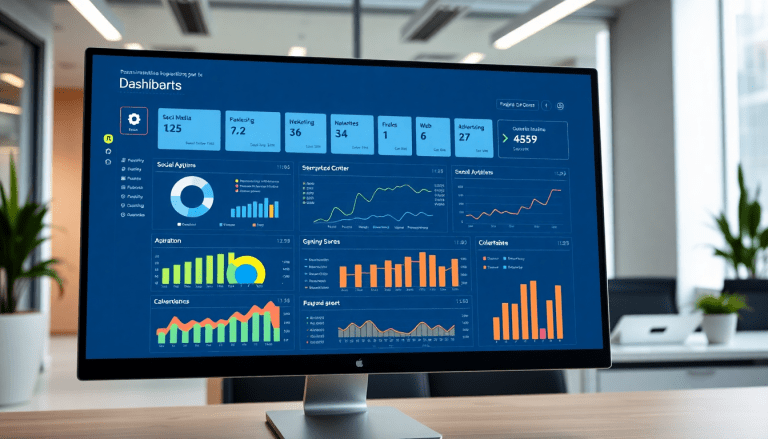 Multi-channel analytics dashboard displaying cross-channel marketing analytics, performance tracking, marketing data aggregation, campaign performance visualization, and ROI tracking on a unified reporting platform.