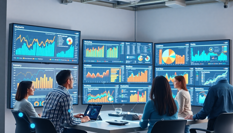Team utilizing an AI data visualization tool for marketing analytics automation, featuring automated dashboard creation, cross-channel performance tracking, and client analytics insights on multiple screens in a modern office setting.